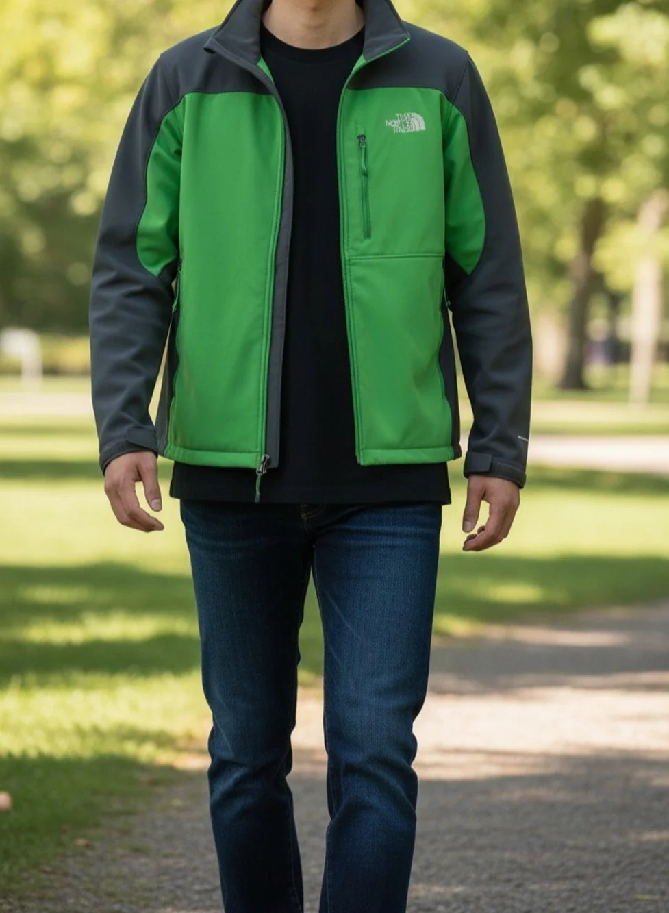 The North Face Men's Large Softshell Jacket Green Black Zip Up Polyester